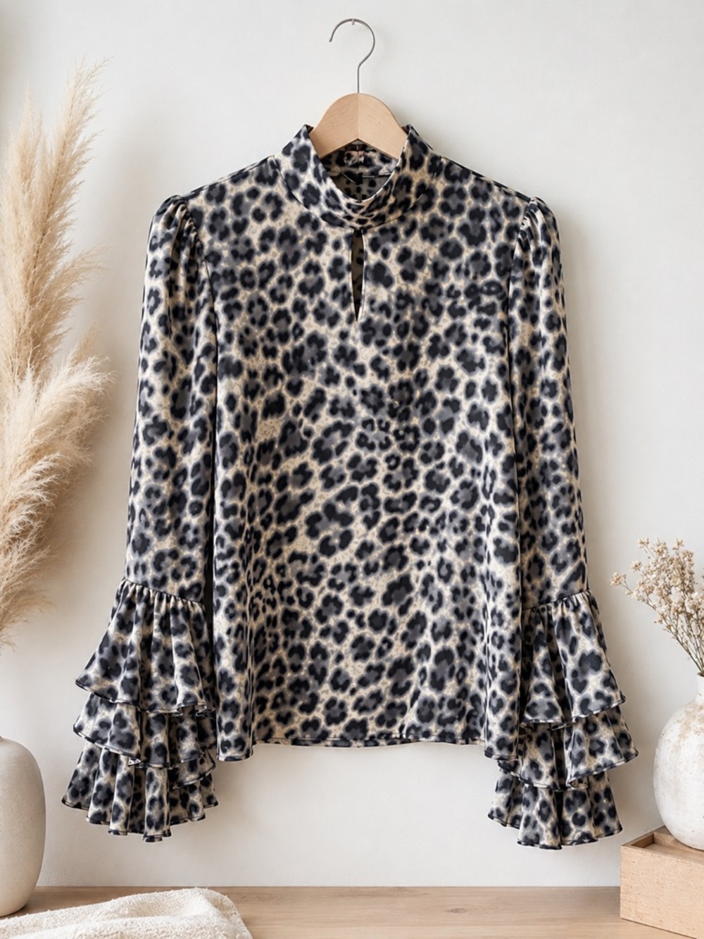 Gracia Size S Animal Print Mock Neck Ruffle Bell Sleeve Blouse